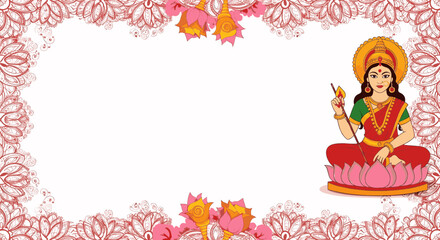 Fototapeta premium Goddess Saraswati sitting on lotus for Basant Panchami festival border