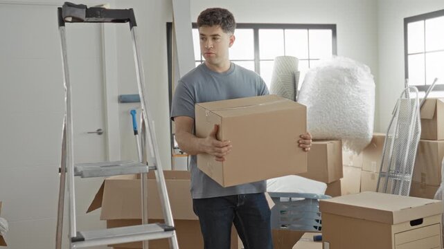 Man holding cardboard box with hands in cluttered building room filled with packed boxes ladder and packing materials; transition.