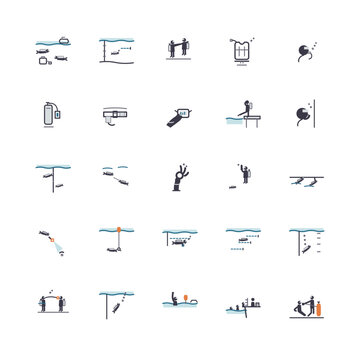 Scuba diving safety procedures line icon set