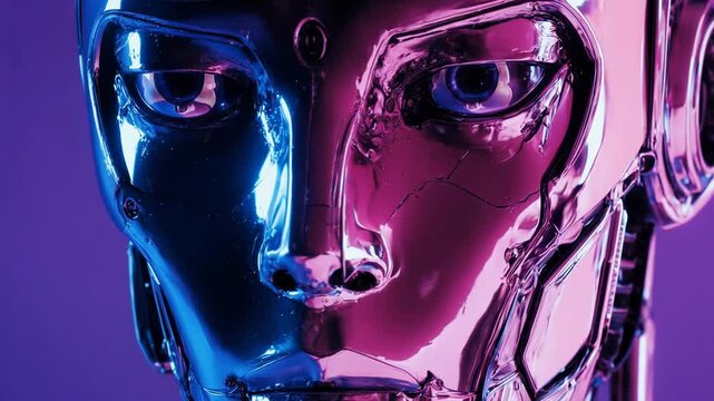 Futuristic humanoid robot head with reflective metallic surface and intricate details illuminated by vibrant blue and pink lighting against a solid background