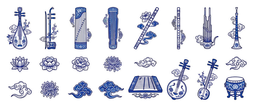 Traditional Asian Musical Instruments and Floral Motifs