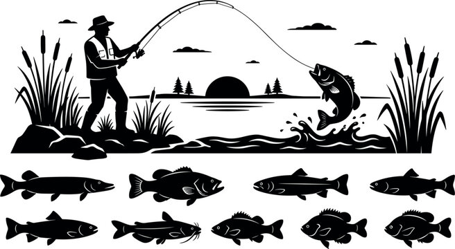 Fisherman Angling at Lake Sunset Silhouette Vector Set with Bass Trout Catfish and Pike Fish Species Elements for Outdoor Sports Logo Designs