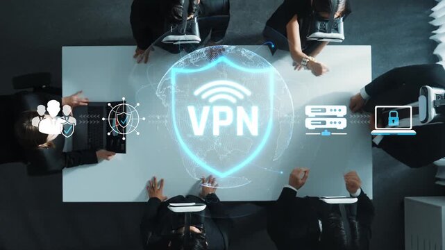 Cybersecurity and Technology Concept with VPN Shield Illustration Over Office Table in Modern Workspace Sigmoid