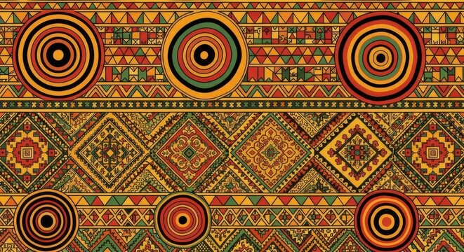 Traditional african tribal pattern with geometric shapes and colorful circles on brown background