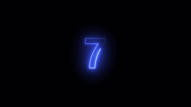 Glowing neon number 7 isolated on dark background, 3D blue illuminated digital number animation for countdown, leader, top rank, or anniversary glowing loop  mathmetical number from 0 to 10 with 4k .
