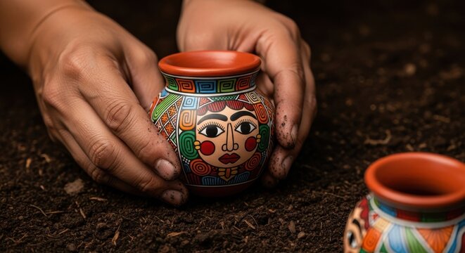 Hands holding a colorful handmade clay pot with painted face design on a dark textured surface