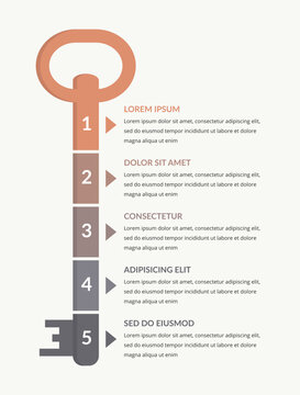 Creative vertical infographic template shaped as a key split into five segments with arrows , symbolizing the key to success, progressive steps and achievements
