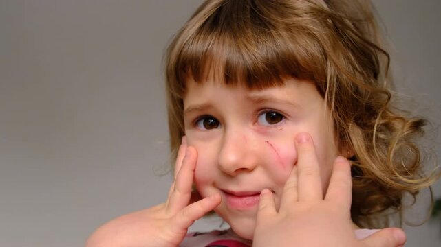 A scratch on a child face. Selective focus.