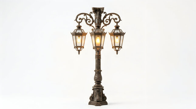 Vintage triple lamp post with glowing lights