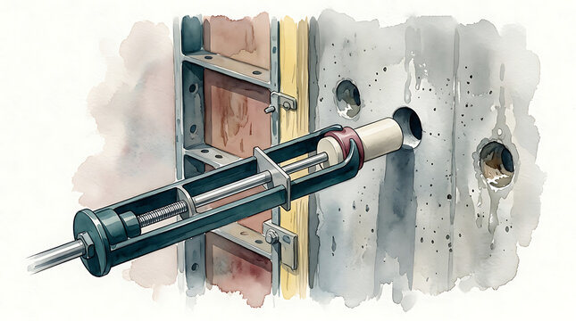 Metal construction tool inserting a dowel into a drilled hole in a gray concrete wall section
