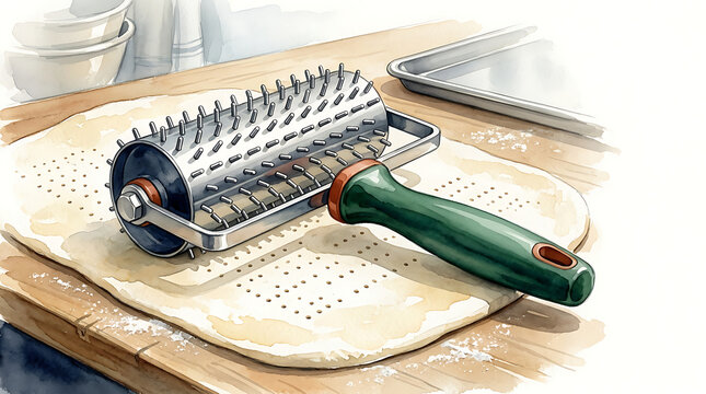Metal dough docker with green handle used for piercing pastry dough on a wooden kitchen countertop