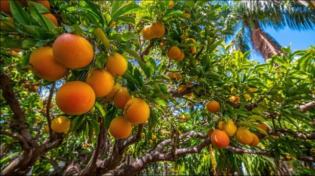 Abundant ripe oranges hanging heavily on a sun-drenched citrus tree branch, showcasing nature's vibrant bounty.