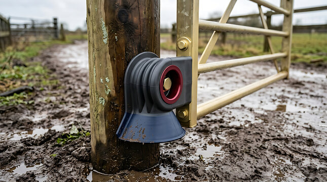 Plastic gate hinge mounted on a wooden post in a muddy rural field with metal gate frame