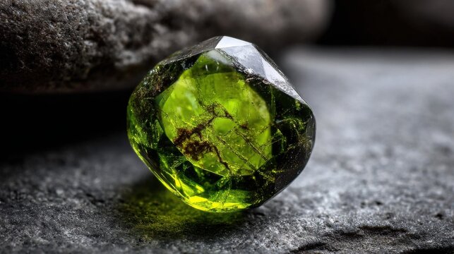 Lustrous dark green epidote gemstone with matrix inclusions, showcasing intricate internal formations.