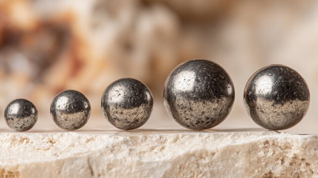 Polished hematite spheres of varying sizes displaying metallic luster on a textured stone surface