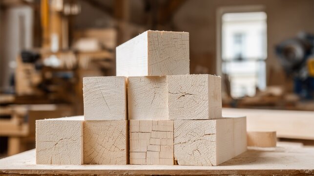 Raw lumber cutoffs with visible saw marks and varying dimensions stacked indoors