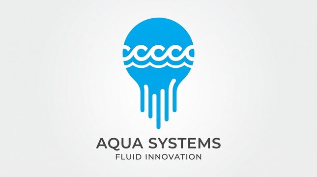 Modernist fluid innovation logo design featuring abstract water drips and wave motif for aqua systems branding with emphasizing innovation water based systems against clean white background