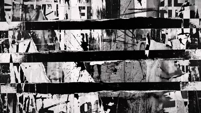 Animated abstract black and white grunge background with distressed poster fragments, rough paint streaks, scratched paper texture, worn urban collage layers, thick horizontal bars, dirty analog noise