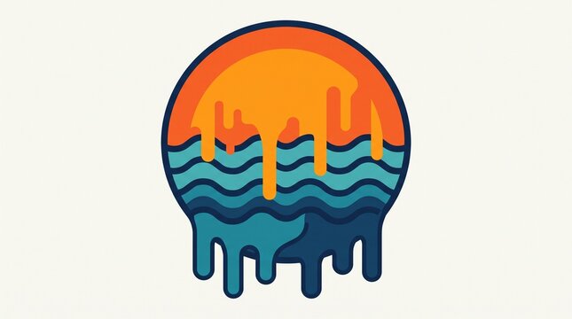 Vibrant retro style sunset silhouette with melting water drips with blending warm orange blue hues against white background dynamic effect base blending