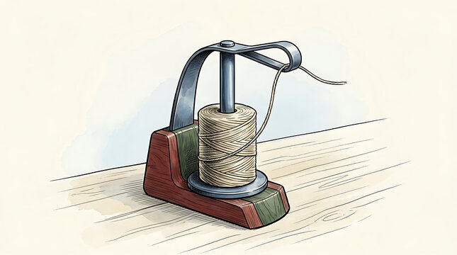 Wooden spool holder with natural twine on a light wooden surface