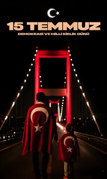 15 temmuz, demokrasi ve milli birlik g&uuml;n&uuml;, hari demokrasi turki, bendera turki, jembatan bosphorus, istanbul, perlawanan rakyat, persatuan nasional, simbol bulan sabit, poster patriotis, vektor turki,