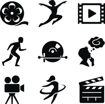 Arrangement of nine creative icons depicting filmmaking dance performance and artistic expression with film equipment and figures on transparent background.
