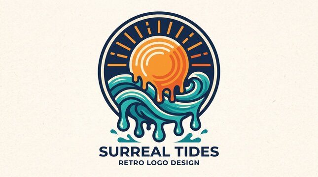 Vibrant retro logo featuring sunburst ocean waves surreal artwork graphic design concept with eye catching circular emblem combining sunburst cascading