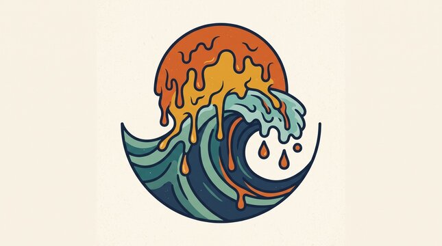 Vibrant melted sun and wave fusion artwork with bold color gradient with rendered vintage inspired style vivid colors expressive dripping effects striking digital illustration