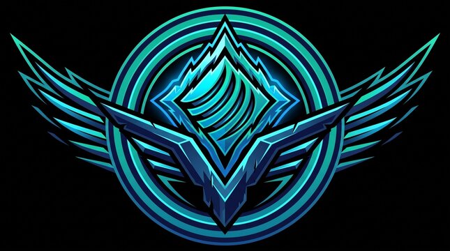 Stylized cyberpunk gaming logo with futuristic wings and glowing geometric core for competitive digital sports with symmetrical wings illuminated aesthetic perfect competitive
