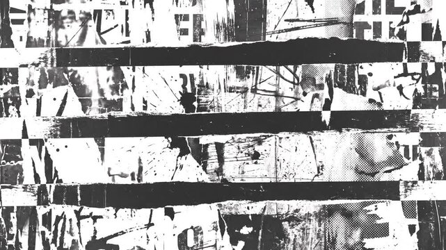 Animated abstract black and white grunge background with distressed poster fragments, rough paint streaks, scratched paper texture, worn urban collage layers, thick horizontal bars, dirty analog noise