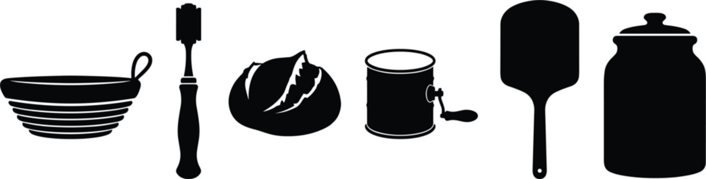 Artisanal bread baking and pastry tools black silhouette icon set featuring banneton proofing basket lame score tool sourdough loaf flour sifter peel and storage jar vector