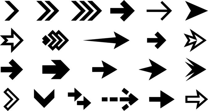 Geometric Right Arrow and Chevron Direction Symbols Black Vector Icon Set