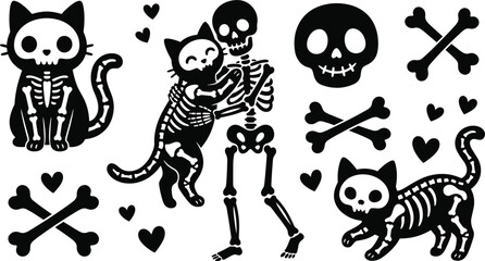 Cute spooky Halloween vector set featuring skeleton hugging a skeleton cat human skull crossbones hearts and gothic cartoon bone kittens illustration © Rakib
