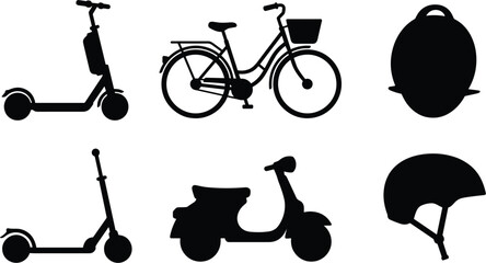 Eco friendly urban micro mobility transportation silhouette icon set featuring electric scooters city bicycle with basket motor moped monocycle and safety helmet vector © Rakib