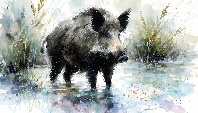A watercolor painting of a wild boar standing in shallow water surrounded by grasses, blending soft colors and delicate brushstrokes with splattered paint effects.