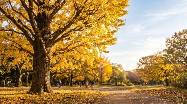 黄金色に輝くイチョウの大木と秋の公園風景 コピースペース