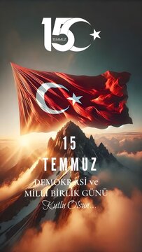 15 temmuz, demokrasi ve milli birlik g&uuml;n&uuml;, hari demokrasi turki, bendera turki, jembatan bosphorus, istanbul, perlawanan rakyat, persatuan nasional, simbol bulan sabit, poster patriotis, vektor turki,