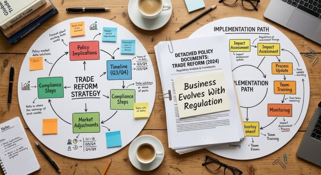 Overhead View of a Business Workspace Featuring Trade Reform Strategy Planning and Documentation