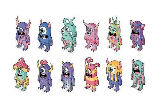 Cute melting monster characters with multiple eyes and horns