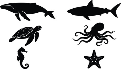 Marine wildlife and sea animals silhouette icon set featuring humpback whale shark sea turtle octopus seahorse and starfish isolated vector illustration © Rakib