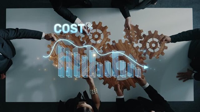 A diverse business team collaborates around a table, analyzing cost reduction strategies using gears and graphs to enhance efficiency and optimize performance. Raster