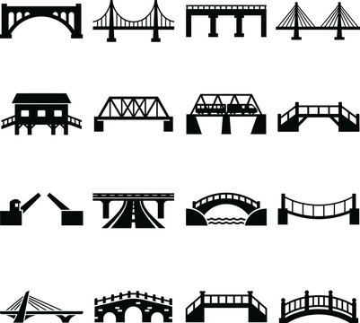 Collection of various bridge icons in black silhouette over transparent background illustrating different architectural types and structural designs.