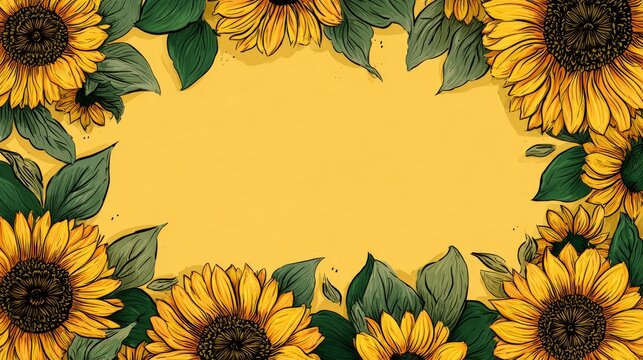 25.Floral sunflower frame background, clusters of sunflowers with surrounding leaves creating border effect, crisp vector lines and smooth color fills, natural yet stylized look, spacious central