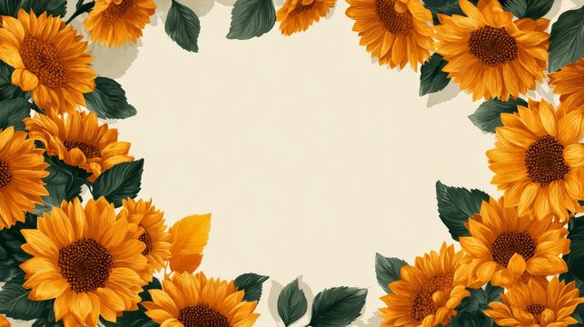 25.Floral sunflower frame background, clusters of sunflowers with surrounding leaves creating border effect, crisp vector lines and smooth color fills, natural yet stylized look, spacious central