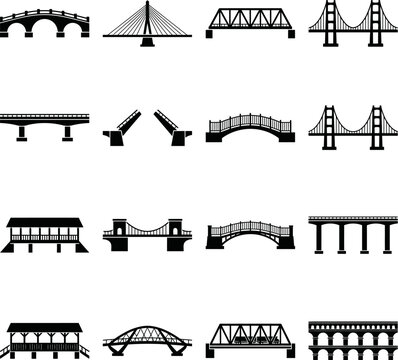 Assortment of bridge icons in black silhouette over transparent background featuring various architectural styles and engineering designs.