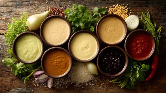 29.Selection of flavorful sauces presented in arranged circle on wooden surface, creamy, spicy and tangy varieties visible, fresh ingredients like coriander, onions, chilies and mustard seeds placed