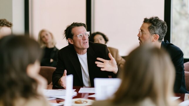 Stressed business people having a heated disagreement around a boardroom table, featuring two men debating passionately in a tense office for corporate conflict and decision-making imagery