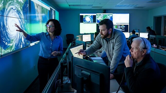 Scientists monitoring global weather patterns in high-tech control center.