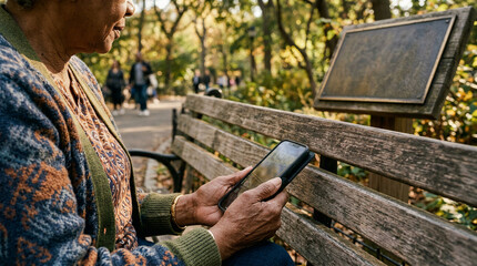 Fototapeta premium An elderly senior woman sitting on a weathered wooden bench in a public park holding and using her smartphone mobile device on a sunny day with people walking in the blurred background.