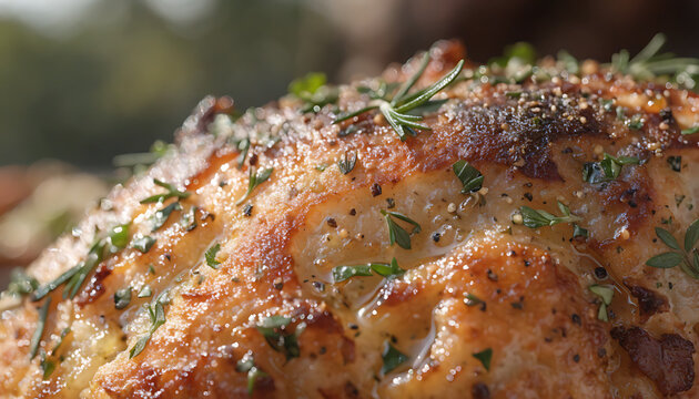 Buttery crust with herb flecks (rosemary, thyme, parsley) and cracked black pepper, tiny streaks of pan jus shining in the crevices.